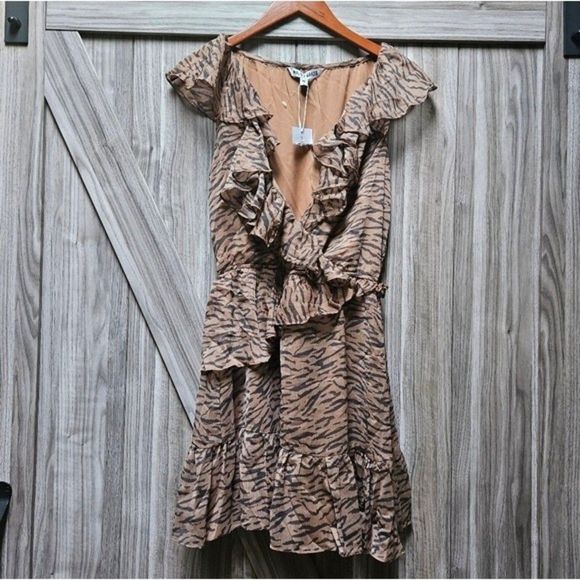 WALTER BAKER Shelly Wrap-Effect Ruffled Tiger-print Crepon Mini Dress - Picture 2 of 14
